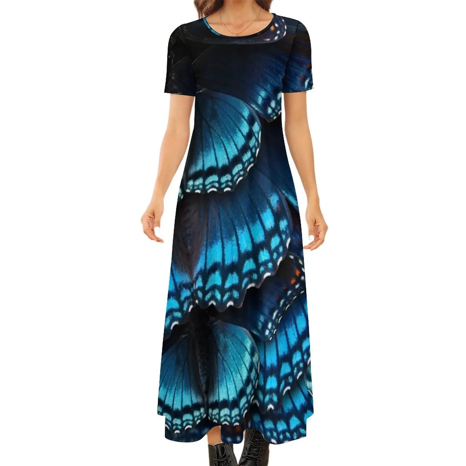 

Blue Butterfly Mandala - Asymmetrical Round Neck Short Sleeve Dress evening dress woman dress birthday