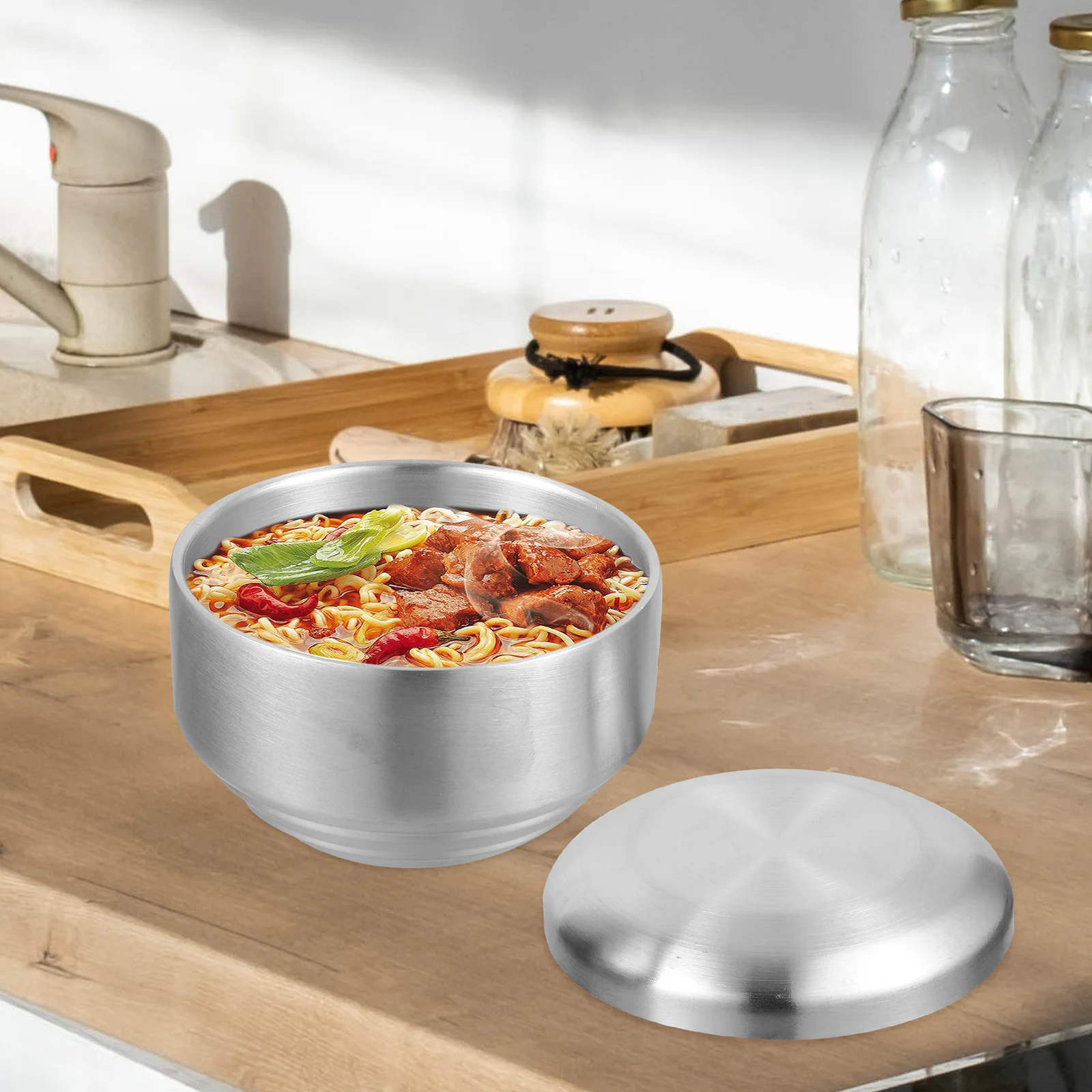

1Pc 304 Stainless Steel Insulated Korean Rice Bowl With Lid Heat Resistant Metal Soup Bowl