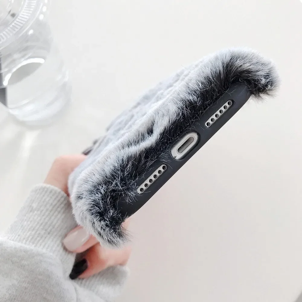 Cute Plush Case for iPhone 15 14 13 12 11 pro X XR XS Max 7 8 Plus SE 2022 Soft Winter Warm Fur Protective Shell Cover