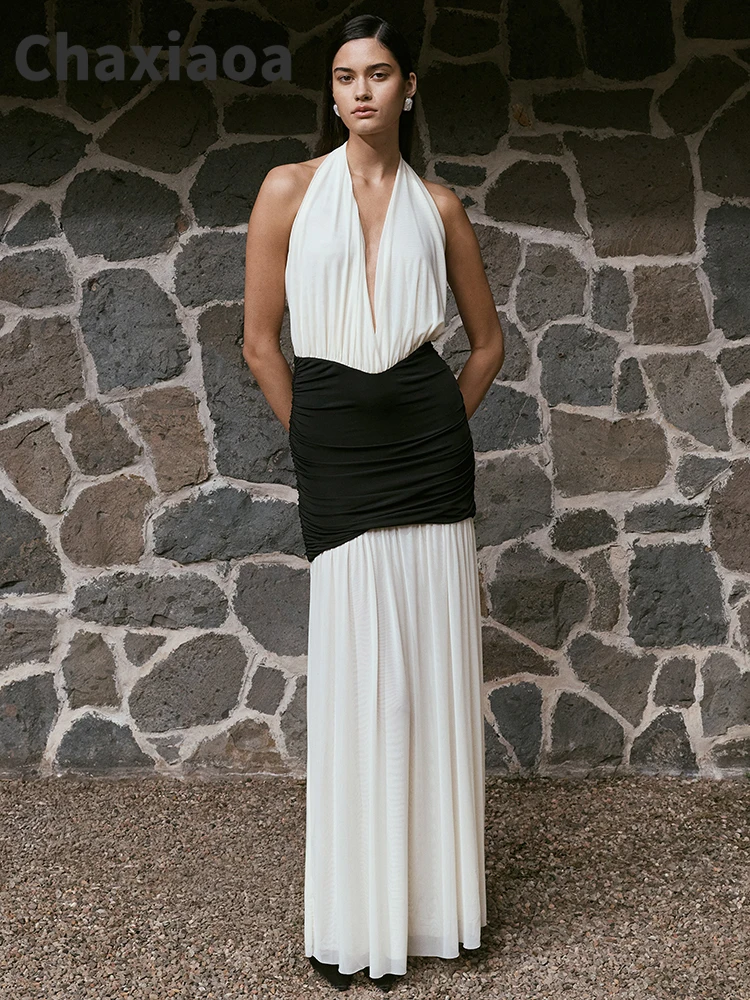 Chaxiaoa Patchwork Halter-Backless Sexy Maxi Kleid Frauen Kleid Elegante Tiefem V-ausschnitt Ärmellose Hohe Taille Bodycon Club Party Kleid