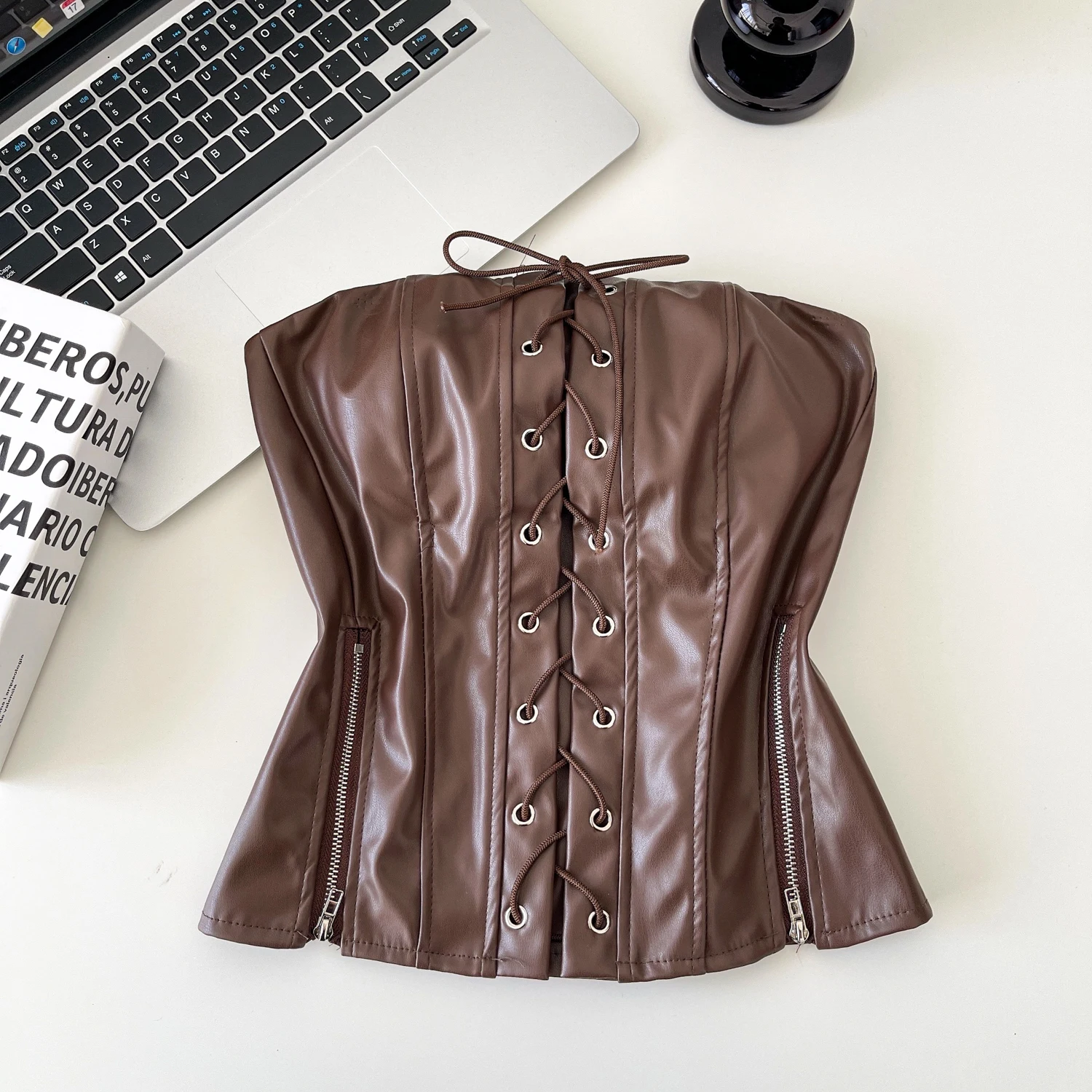 

Sexy chic zipper Draw String sleeveless Tanks Top Vintage Corset Bustier Korean Women Party Sling Top Y2k