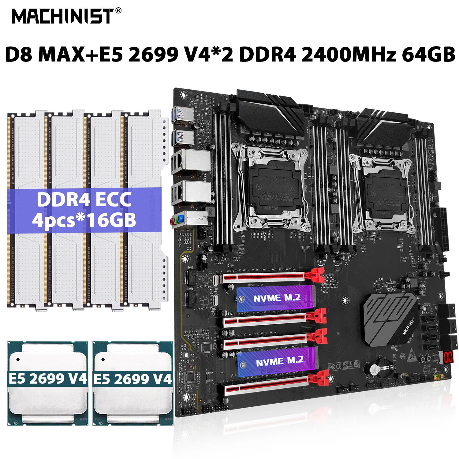 MACHINIST X99 D8 MAX Motherboard Set LGA 2011-3 Kit Xeon E5 2699 V4 Processor CPU*2 DDR4 64GB(4*16GB) 2400MHz ECC Memory RAM SSD