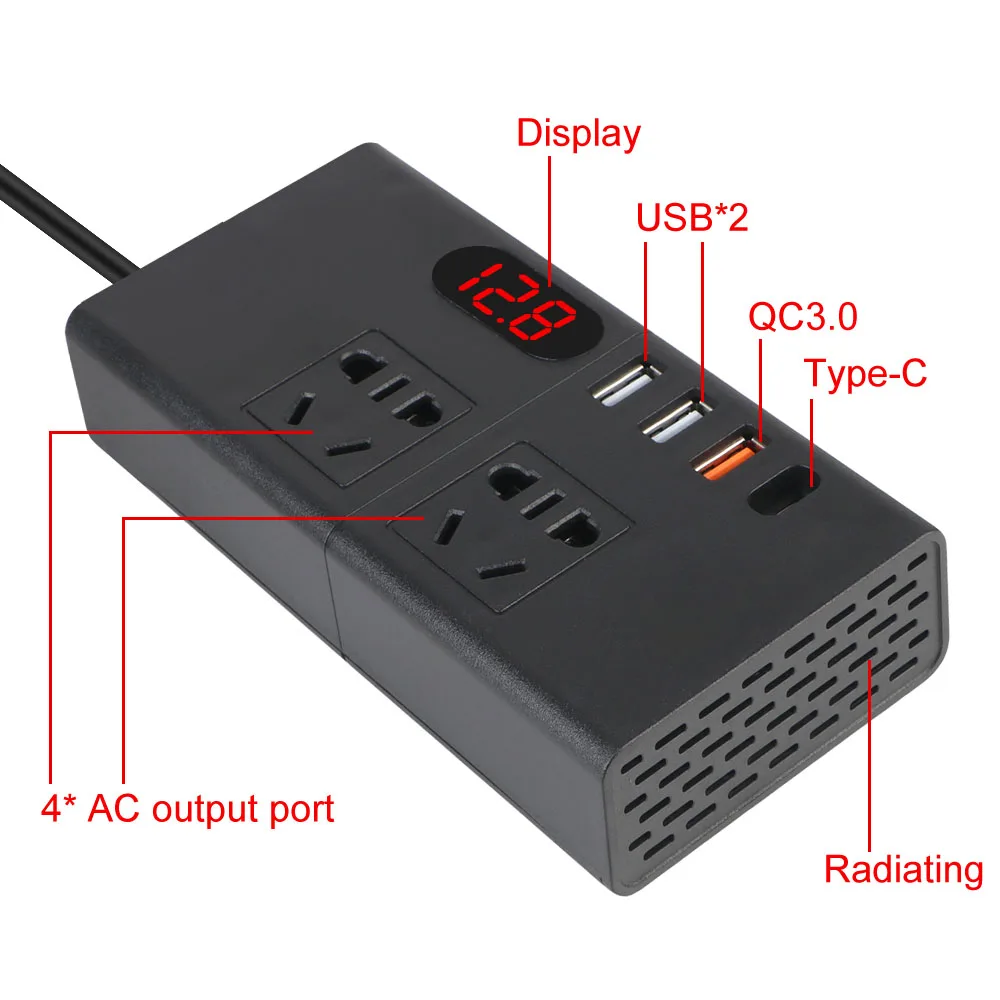 Voltage Display Auto Accessories Car Socket USB Fast Charging Universal USB Chargers Power Adapter 200W QC 3.0 Car Inverter