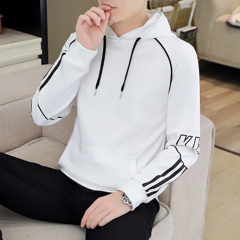 Autumn Winter Men's Hooded Solid Stripe Drawstring Screw Thread Letter Printing Lantern Long Sleeve Hoodies Fashion Casual Tops