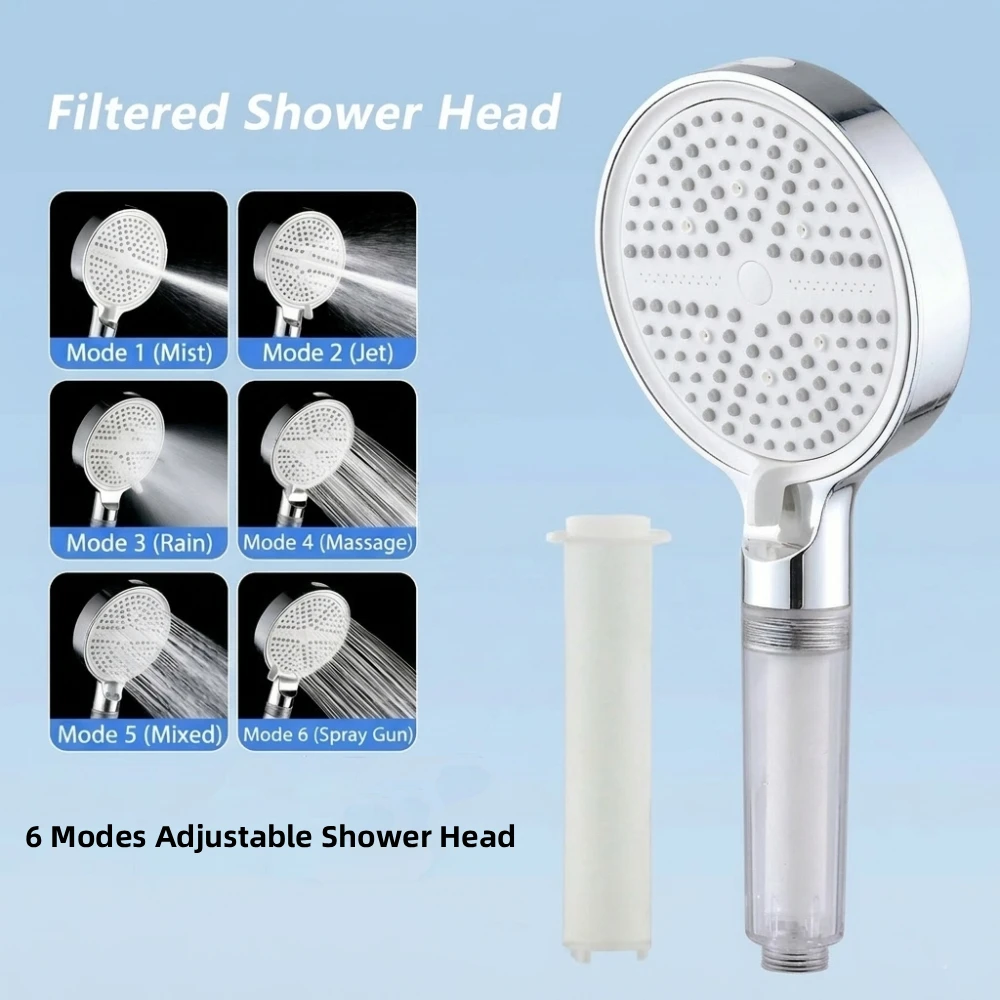 

High-Pressure Shower Head with Filter 6 Jet Modes Adjustable Shower Head Water Saving Rainfall Spray Bathroom Accessories