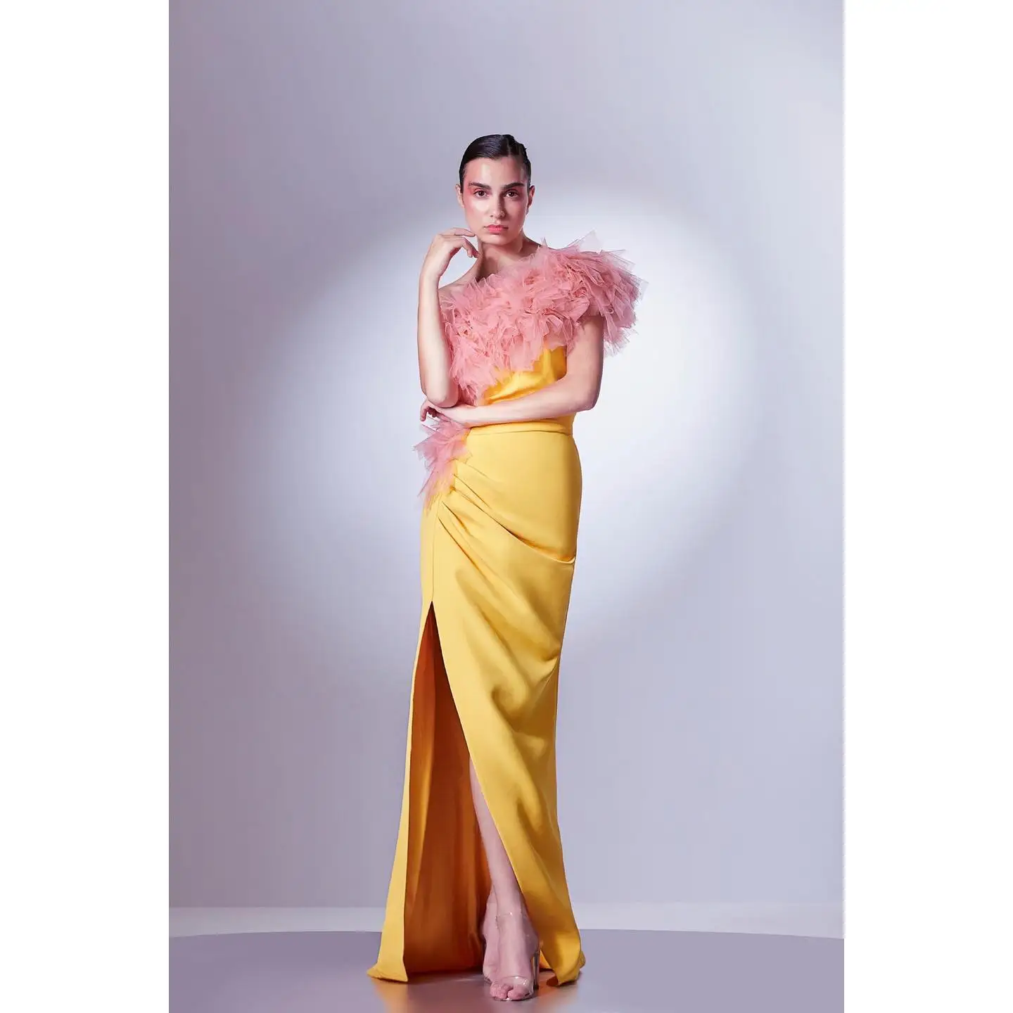 

Customized Sexy Jersey Mermaid One Shoulder Tiered Ruffles Evening Dress Delicate Short Sleeves Floor Length Celebrity Gowns