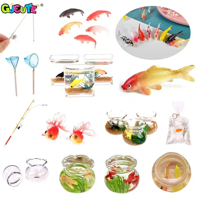 Doll House Miniature Carp Model Toy Simulation Koi Goldfish Fish Tank Fishing Net Rod Decor Doll Accessories Kids Play House Toy