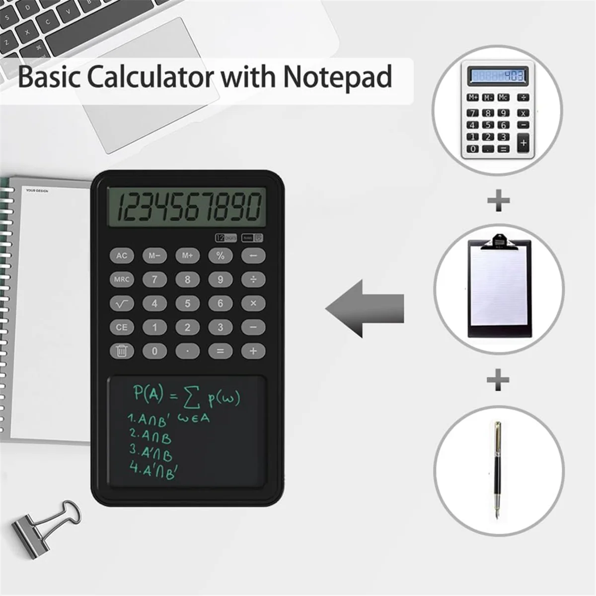 Calculadora básica portátil com Notepad, 12-Digit Display, Calculadora Desk, Escrita Tablet