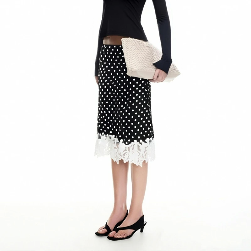 Combhasaki Womens Elegant Chic Sheer Floral Lace Trimmed Patchwork Satin Silky Midi Skirts Zipper High Rise Slim Y2k Underskirts