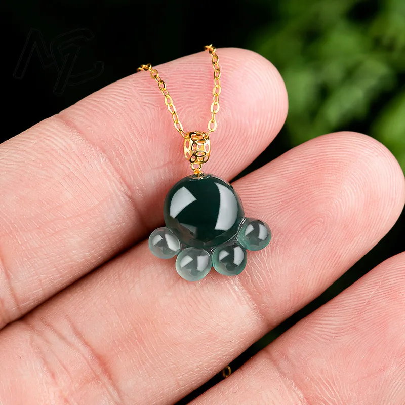 Natural Real Emerald Blue Water Jade Cat's Paw Pendant Necklace Carved Jadeite Jewelry Fashion Amulet Gifts Certificate Women view 3