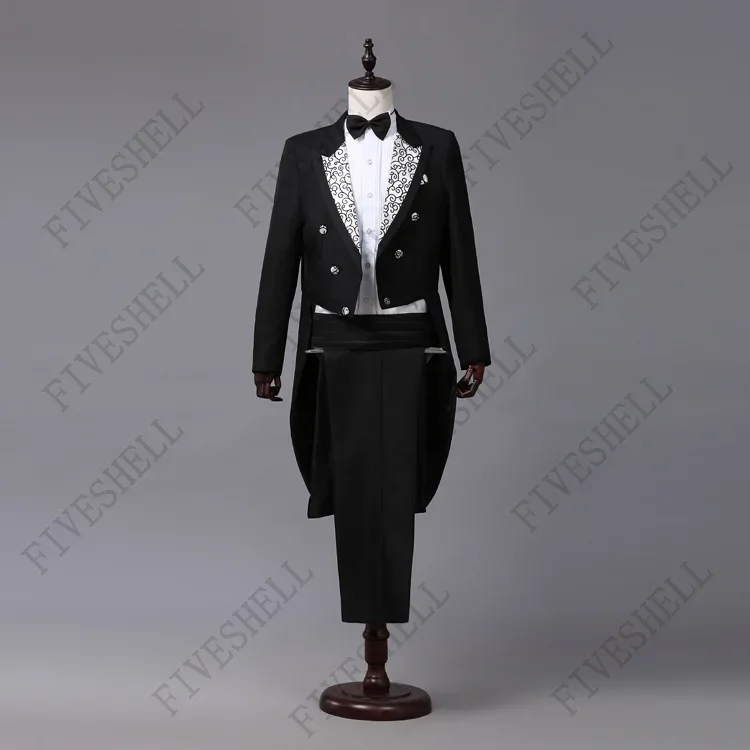 Halloween Stage Brazers Jacquard Lapel Tail Coat Cosplay Party Costume Homme Wedding Groom Prom Tuxedo Suits Jacket Pant for Men