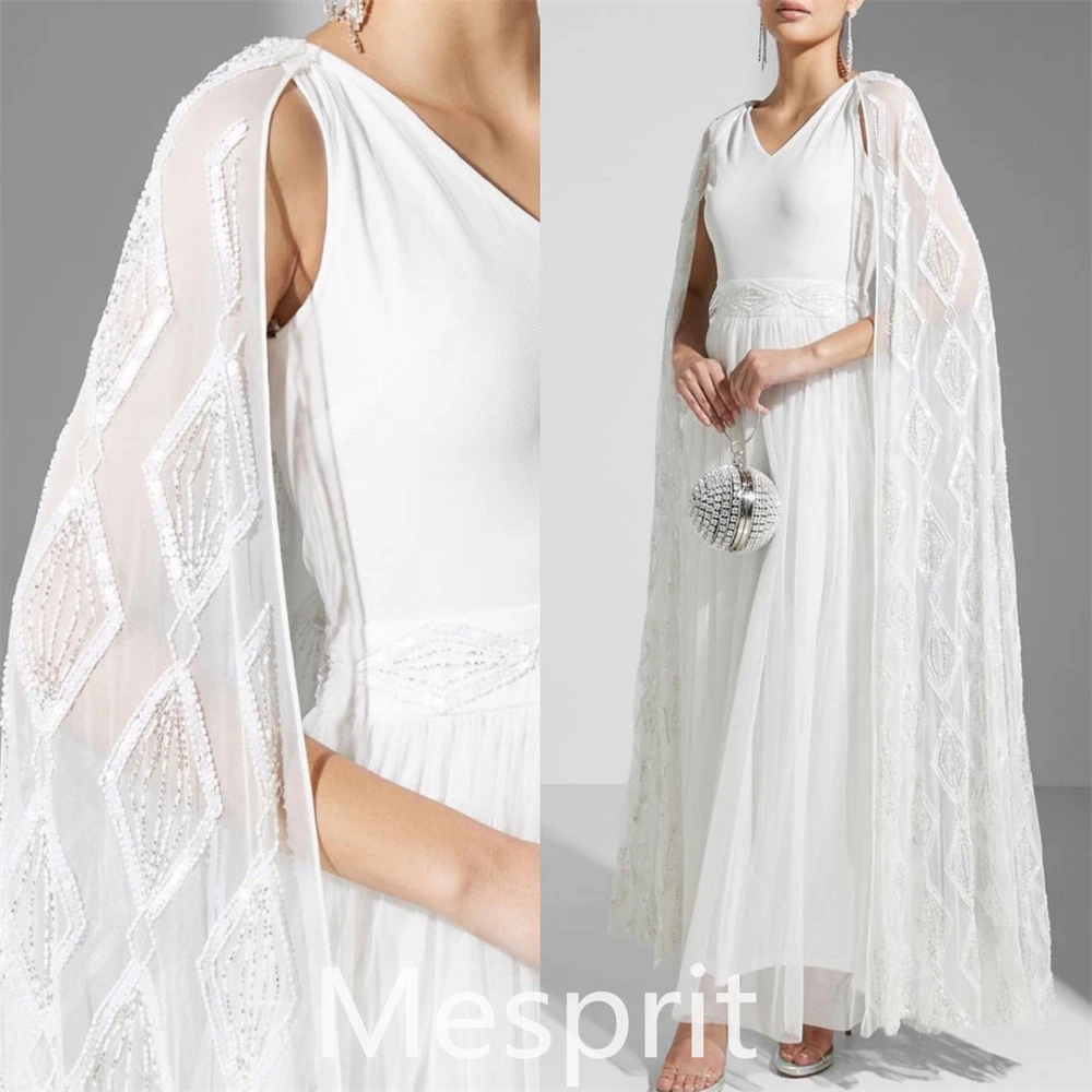 Mesprit Fashion Elegant V-neck A-line Evening Dresses Draped Bolero Stole Anke Length Organza Custom Dress