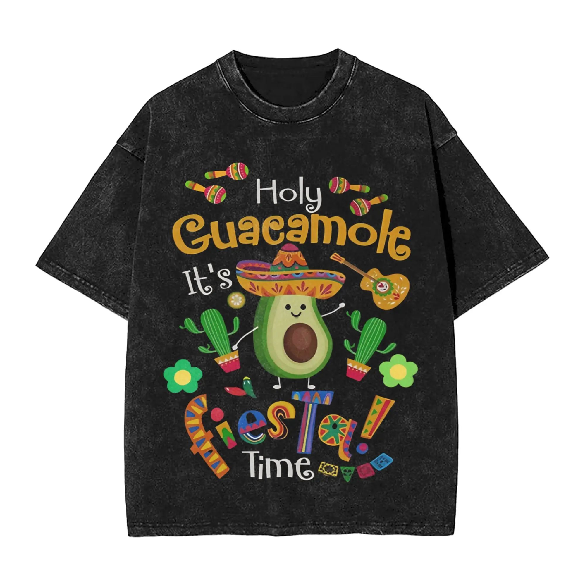 Camiseta de Algodón Lavada con Estampado 'Holy Guacamole It's Fiestal Time', Estilo Urbano, para el Cinco de Mayo Mexicano, para Hombre y Mujer, Verano