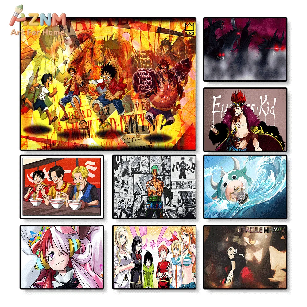 AZNM Lienzo Decorativo de Anime One Piece, Póster de Busca de Recompensas de Monkey D. Luffy, Eustass Kid, Roronoa Zoro, Uta, Nami, Sabo y Ace, Impresión HD de Manga con Marco