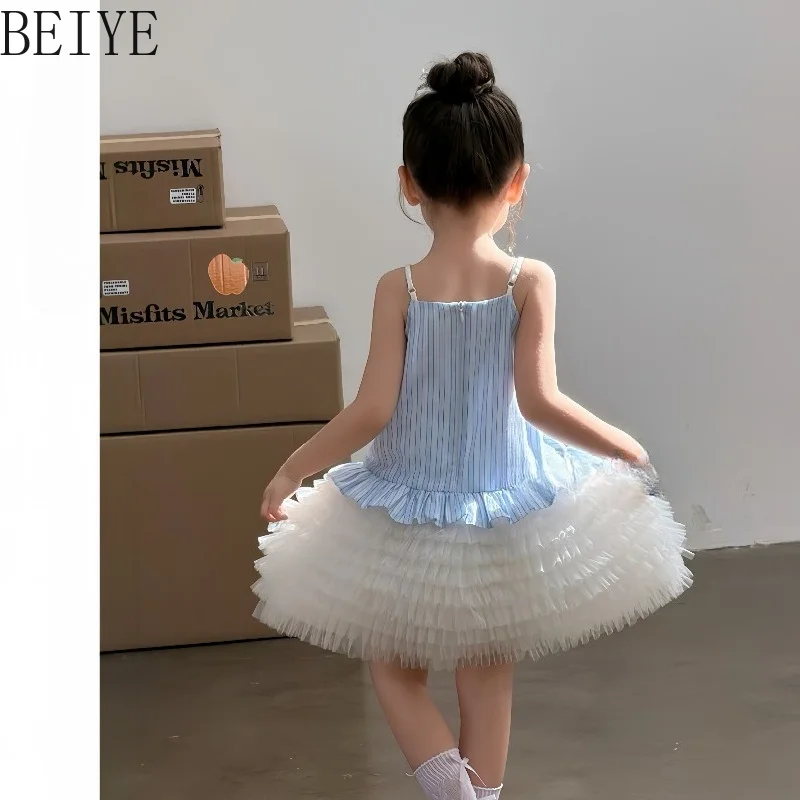 Summer Baby Girl Suspender Dress Fashion Style Striped Ballet Style Cake Dress Children Sleeveless Princess Sweet Dress