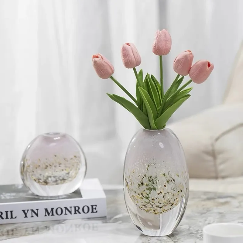 Gradient Sprinkled Gold Round Glass Vase, Flower Arrangement, Hydroponic Vase, Glass Container, Living Room Decoration Ornament