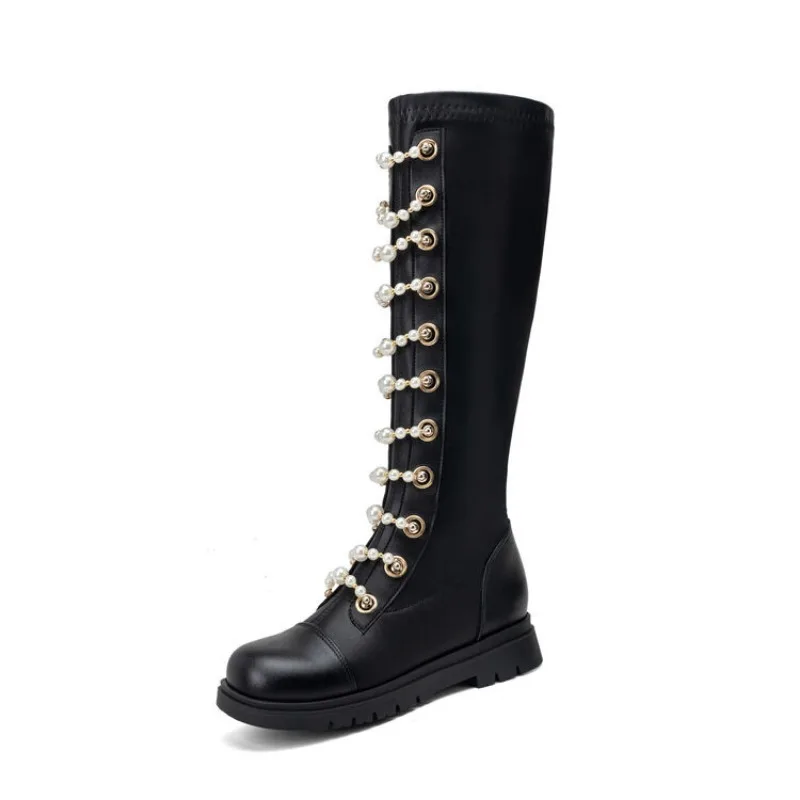 Pearl Chain Decoration Round Toe Knee High Boots New 3cm Back Zipper Flat Bottomed Patent Leather Women's Winter PU Boots 35-43 view 6