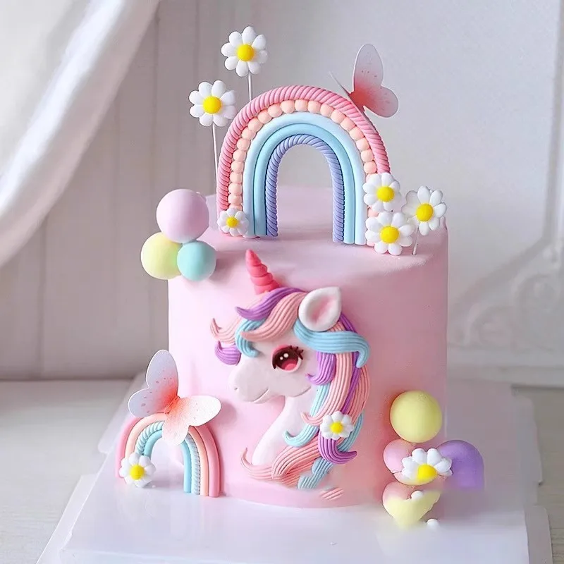 Pink Unicorn Birthday Cake Decorations Rainbow Unicorn Butterfly Cake Toppers Girls Happy Unicornio Birthday Party Cake Decors
