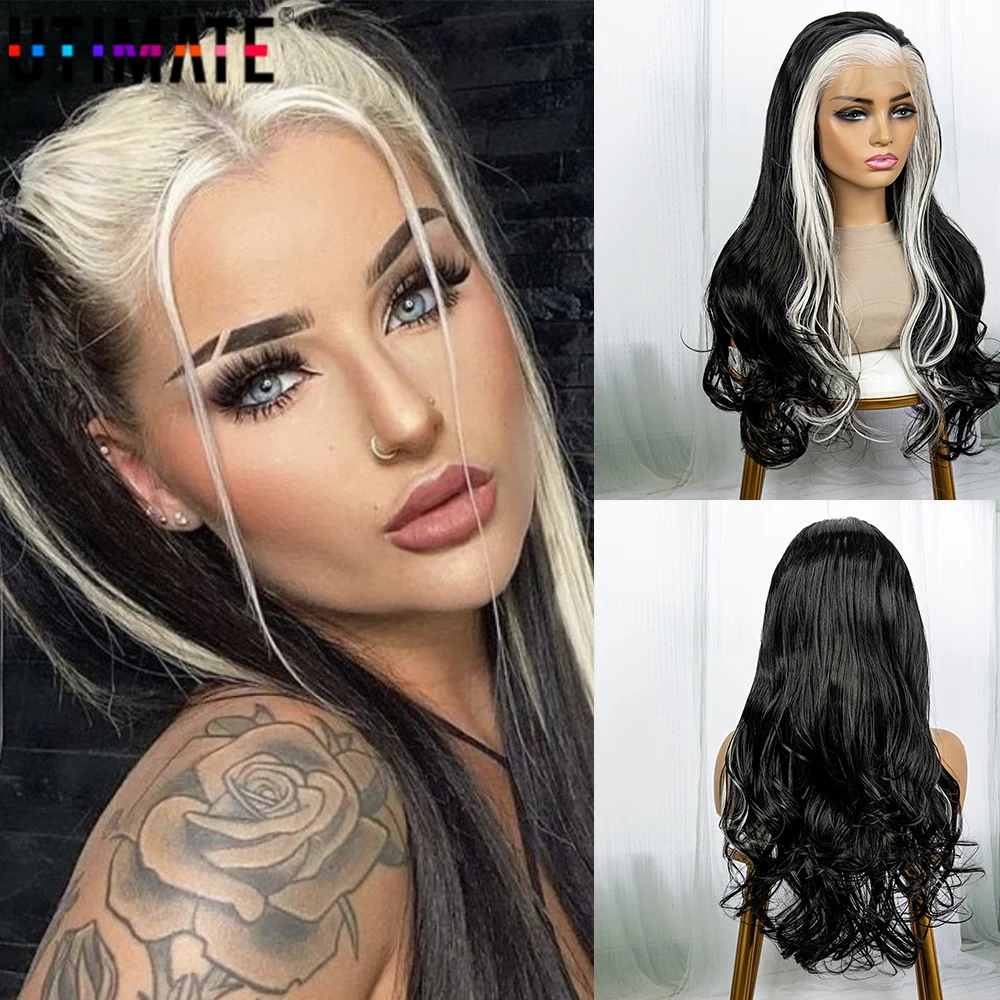 Long Highlight Wig 13X4 Synthetic Lace Front Wig for Women Body Wave Lace Wigs White And Black Ombre Pre Plucked Cosplay Wig