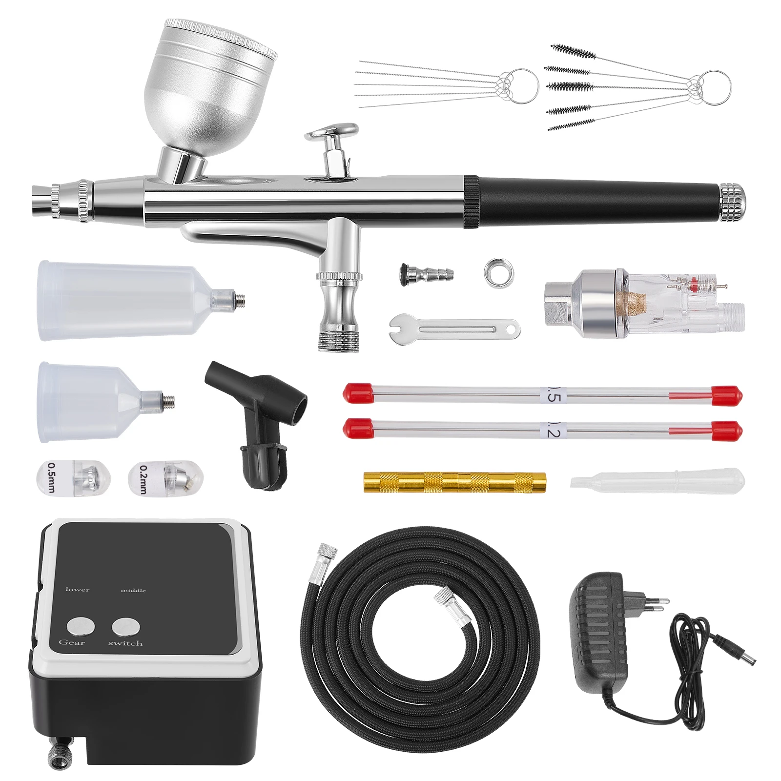 0.2/0.3/0.5mm Nozzles Airbrush Kit with 36PSI Compressor Dual Action Air Brush Set for Painting Craft