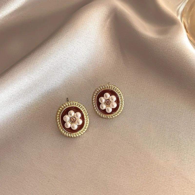 Vintage Burgundy Enamel Square Stud Earrings for Women Girls Gold Color Metal Imitation Pearl Flower Earring Party Jewelry