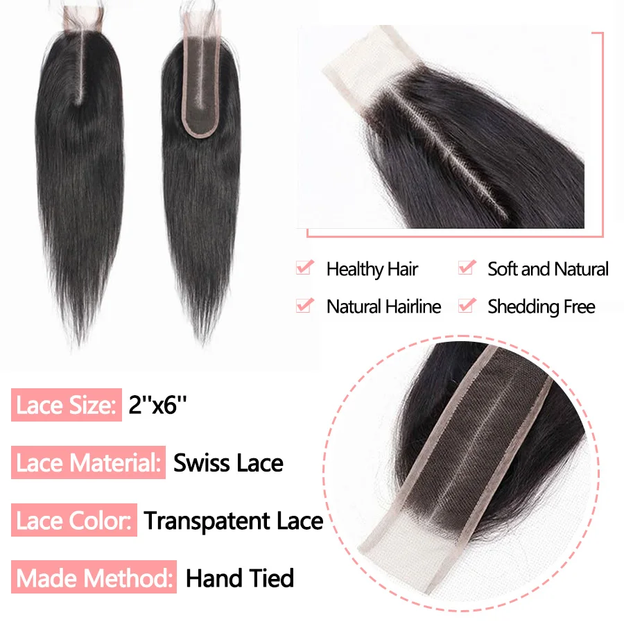 2x6 HD Transparent Lace Closure Bone Straight Human Hair Closure Only Pre-Plucked Lace Brazilian Natural Human Hair Extensions