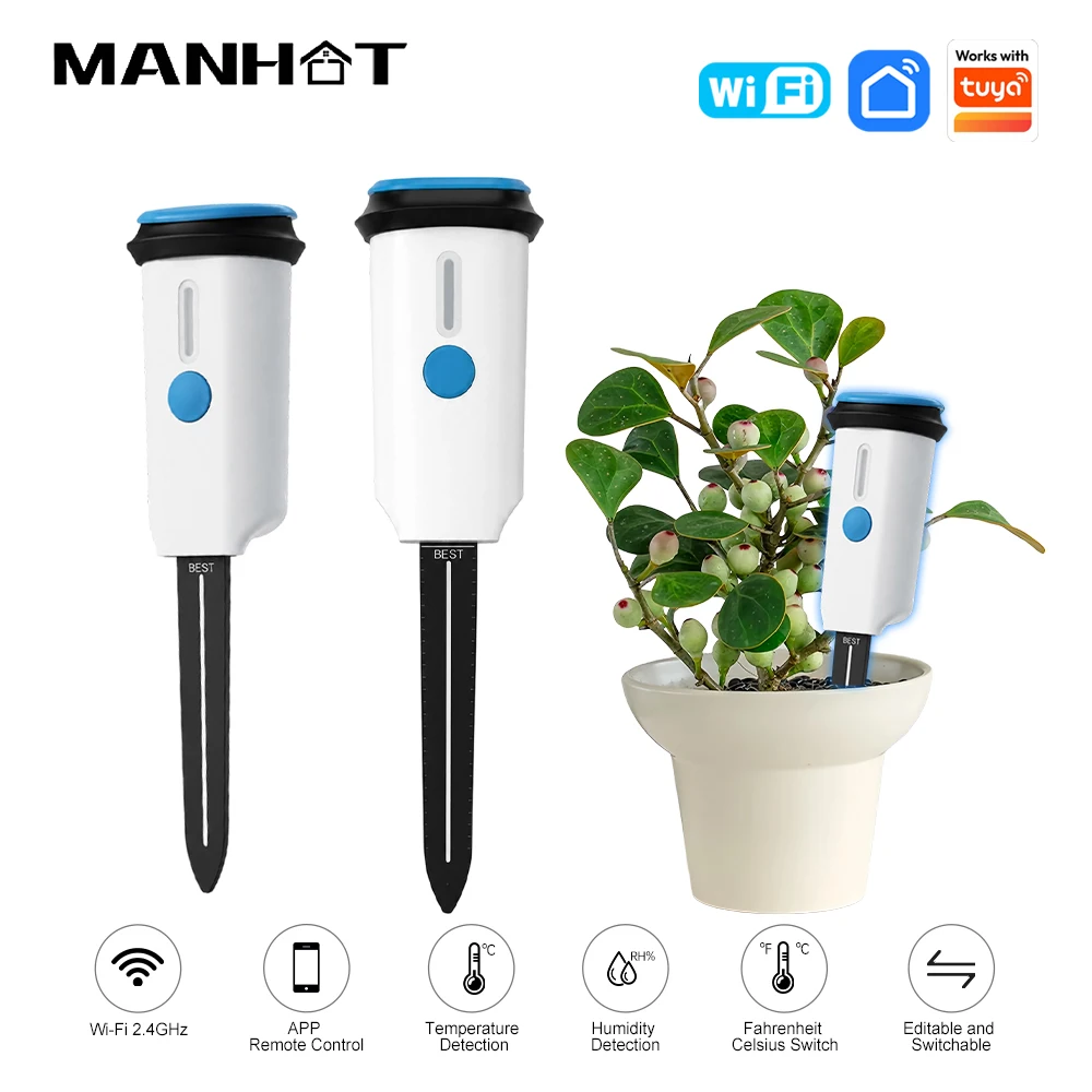 

MANHOT Wifi Smart Soil Sensor Soil Moisture Temperature sensor °C/°F Detector IP66 Waterproof Works with Tuya Alexa Google Home