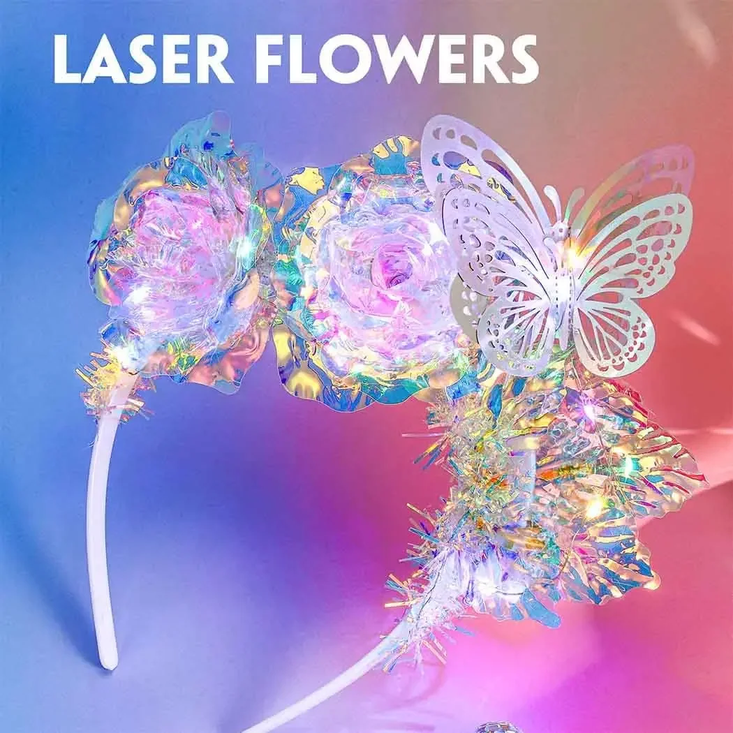 2 Stück leuchtende Laser-Blumen-Stirnbänder, LED-Schmetterlings-Haarbänder, glitzerndes Rave-Kostüm, Haarschmuck für Frauen