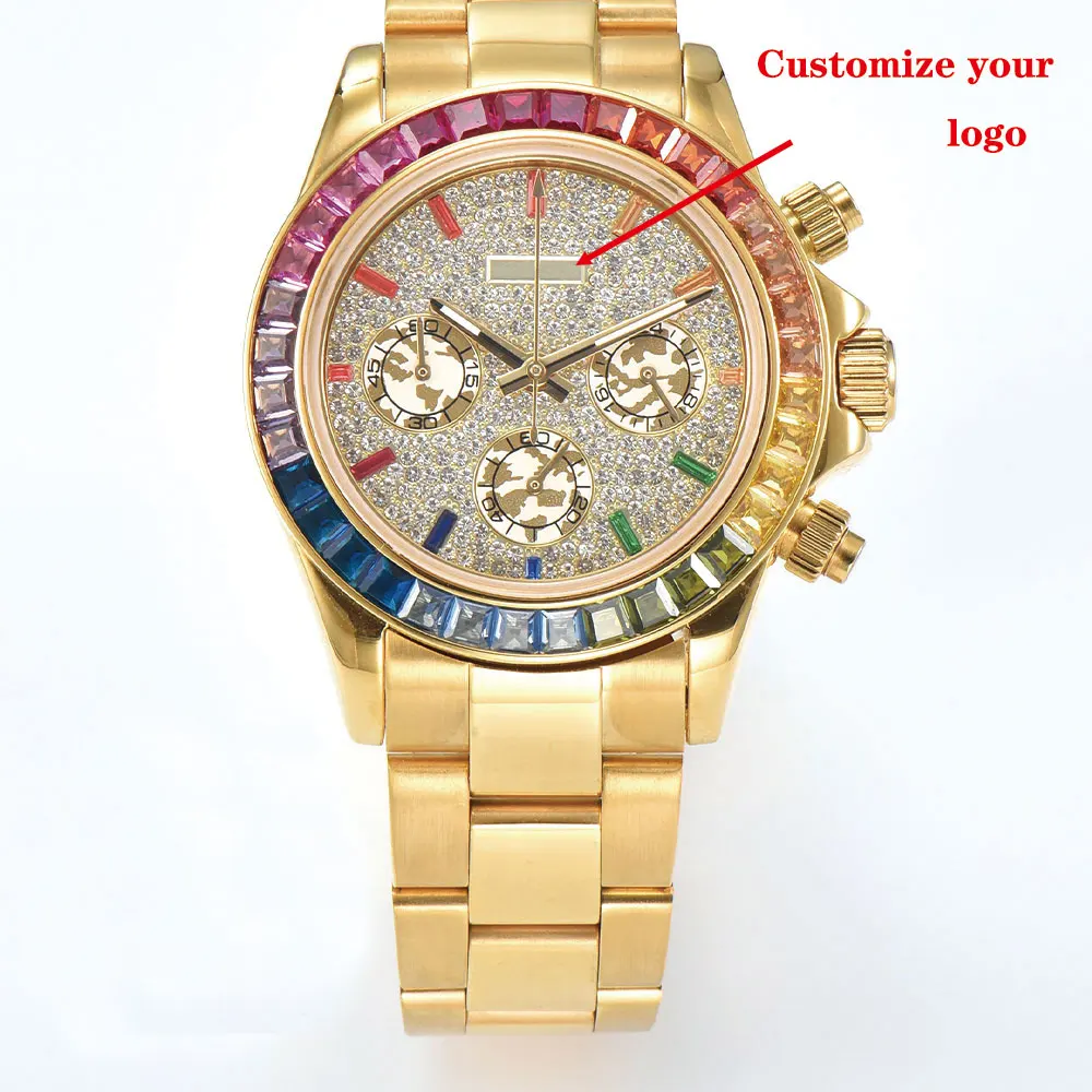 39.5mm luxury men's watch VK63 movement all-diamond dial luminous hands gold watch men's custom watch