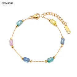 JeeMango Fashion Colorful Cubic Zirconia Stone Charm Bracelet Waterproof Stainless Steel Women's Hand Bracelets Jewelry JB24056
