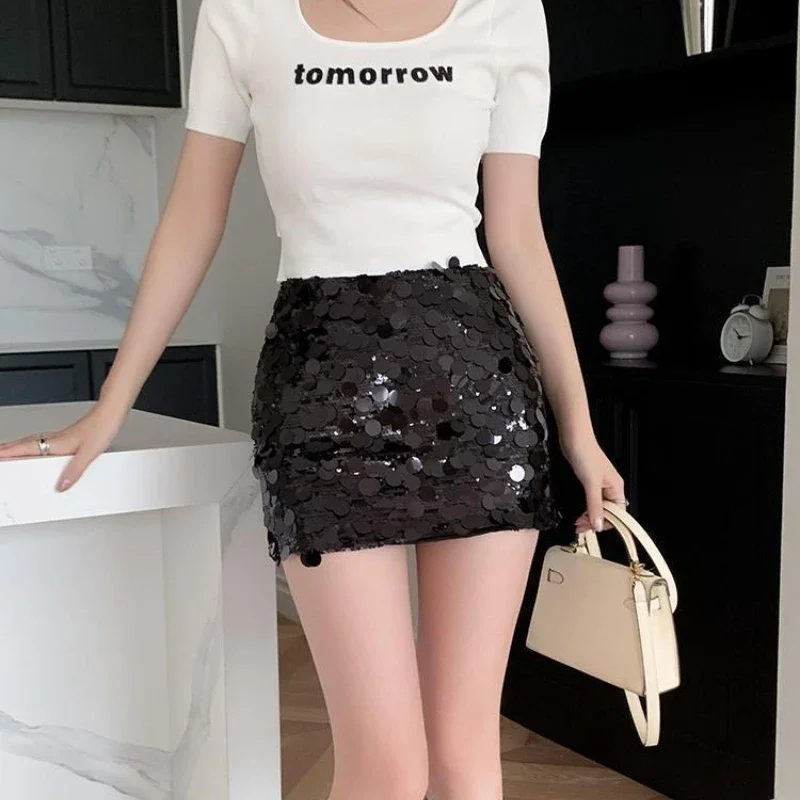 ハイウエストタイトな女性用スカート、ギャルスカート、ミニ丈ラップショートスパンコール、韓国風ストリートウェアファッション、シックでエレガントなV