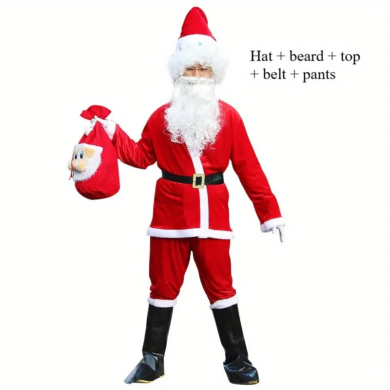 Disfraz de Papá Noel de terciopelo de lujo para adultos: traje de fiesta de Navidad de primera calidad con barba y cinturón desmontables (juego completo de terciopelo rojo)