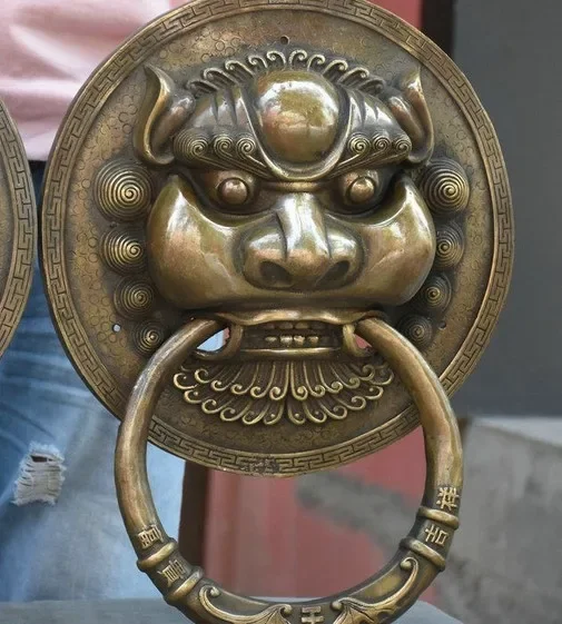 16 "الصين القديمة البرونزية فنغ شوي فو فو الكلب الحرس الأسد مطرقة مطرقة الباب زوج #4