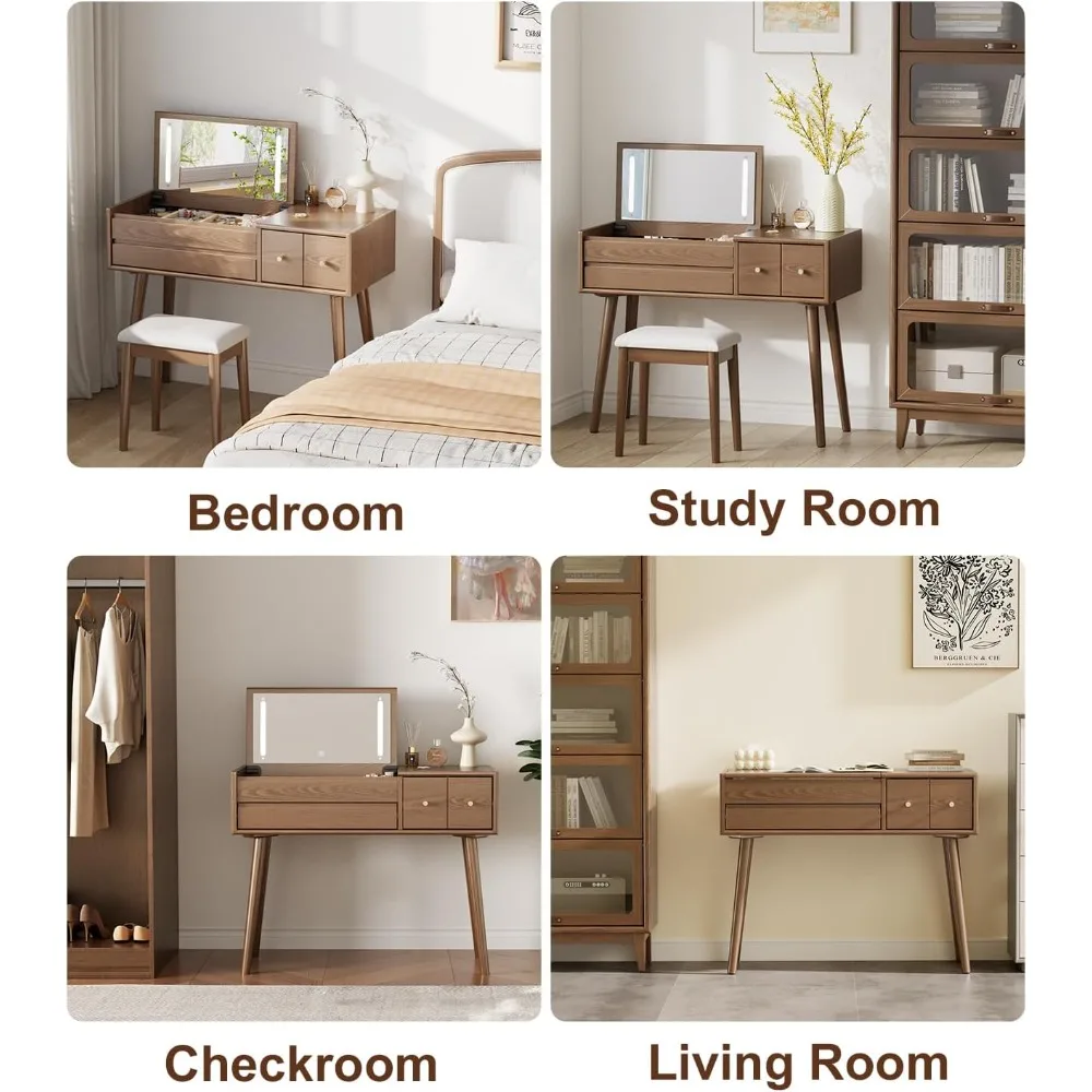 مكتب زينة خشبي مع مرآة وأضواء، مجموعة منضدة الزينة مكونة من 4 أدراج، علامة تبويب مكياج كبيرة مقاس 40 بوصة