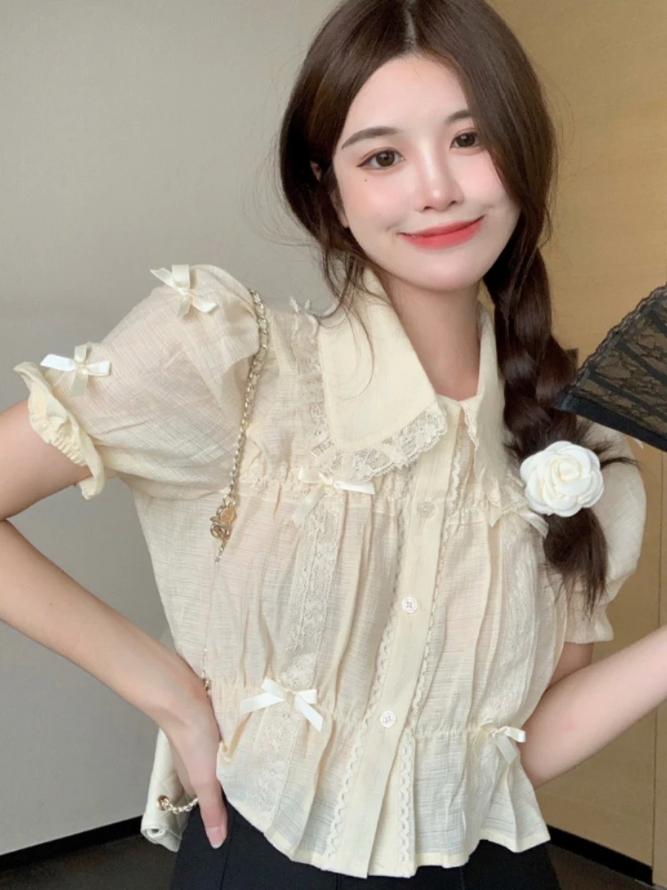 Sweet Blouses Women Lolita Style Kawaii Bow Puff Short Sleeve Crop Tops Girls French Lace Peter Pan Collar Shirt Summer Clothes