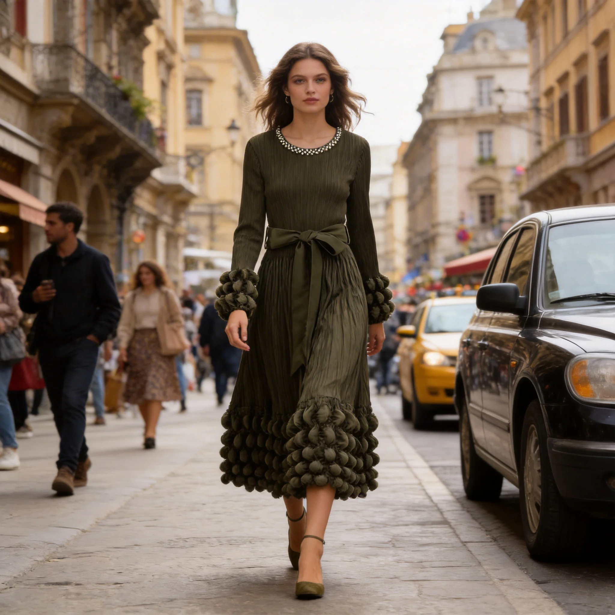 

Платье Miyake Design Sense с объемными плиссированными элементами, женское, весеннее, новое, с круглым вырезом, длинными рукавами, средней и длинной длины, с бисером.