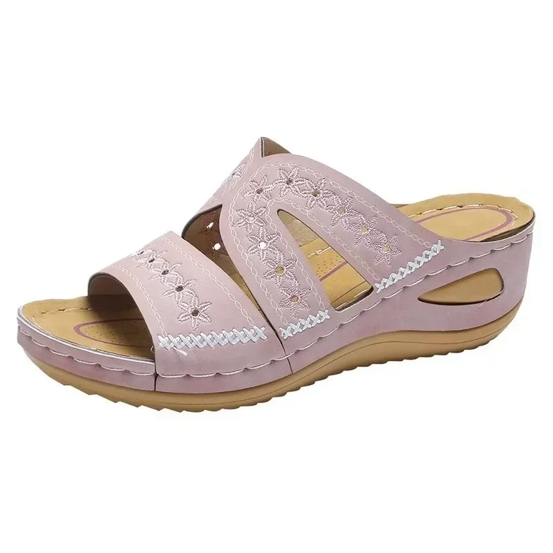 Zapatillas con cuña y Punta abierta para mujer, Zapatos de plataforma informales de cuero, antideslizantes, Estilo Vintage, novedad de verano, 2024