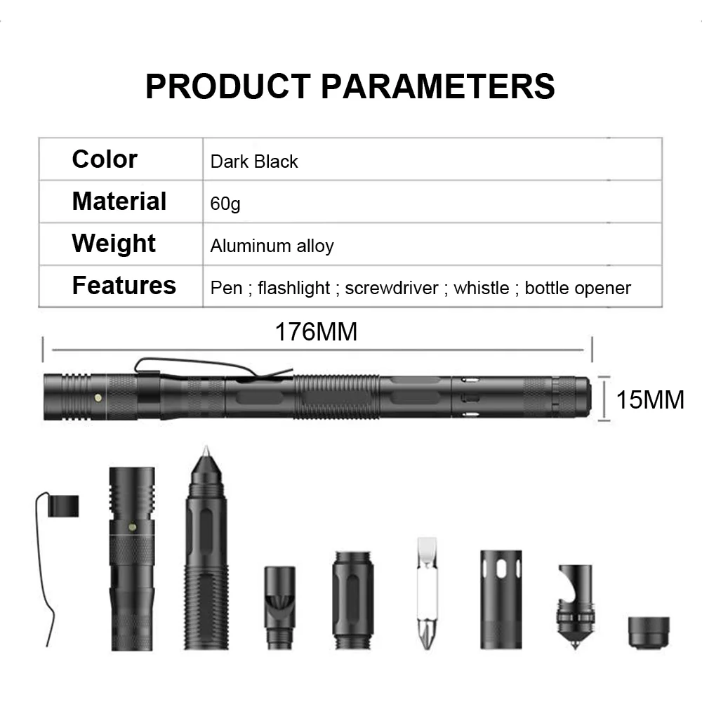 Imagem -03 - Caneta Tática Militar Edc com Lanterna Led Quebra-vidro Autodefesa Caneta de Sobrevivência Ferramenta Multifuncional Apito de Emergência