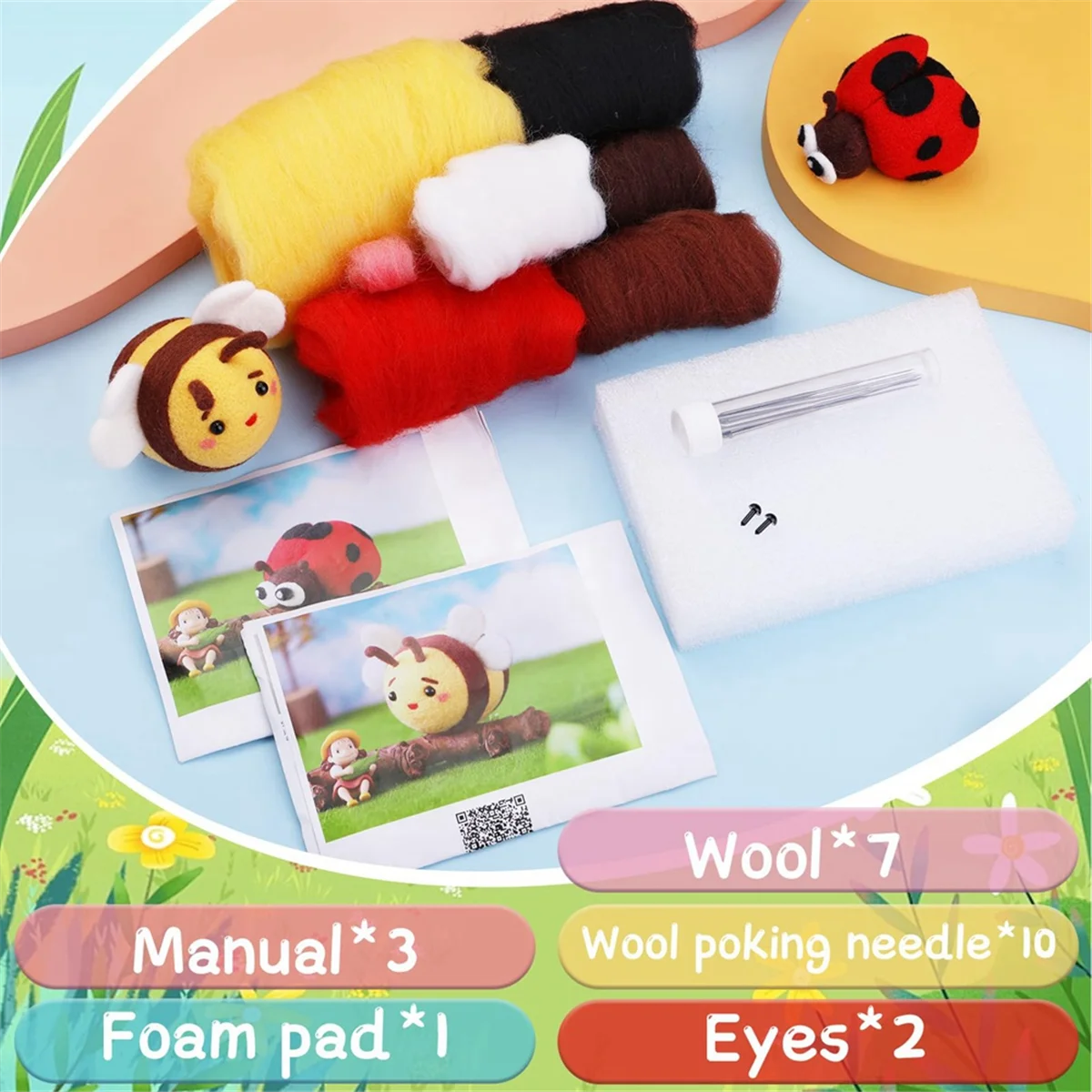 Needle Felting Kit, Wool Needle Felting Kit (Ladybug, Bee), with Instruction, Felting Foam Mat, Wool Felting Supplies