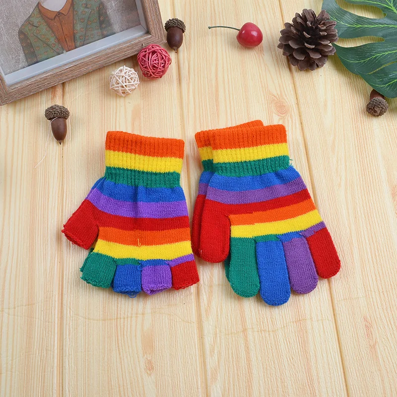 3-8 Years Cute Kids Rainbow Gloves Winter Children Knitted Mittens Keep Warm Students Full Finger Glove Outdoor Activity Mittens