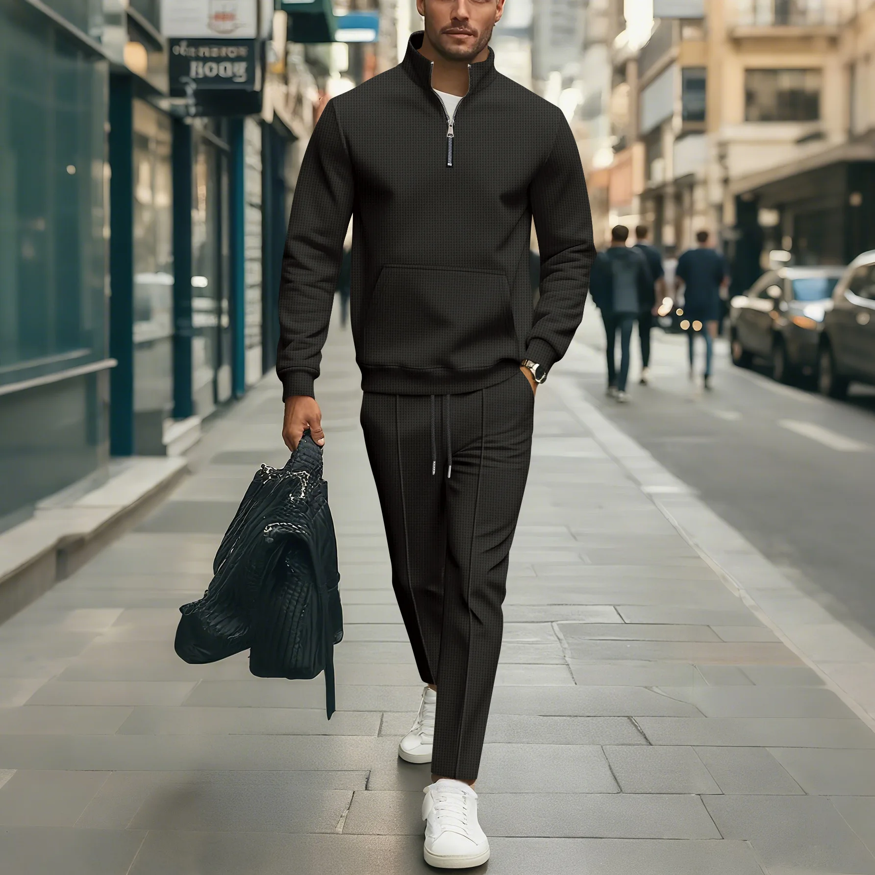 

Street-style man's outfit: Solid color casual travel two-piece set, urban sports half-zip pullover top + casual pants set