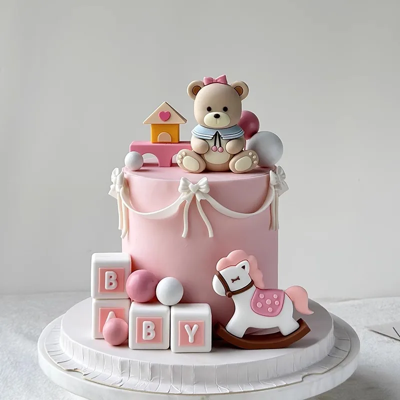 Pink Bear Cake Topper New 3D Trojan, Bear, Building Blocks for Baby Shower Decoration Kids Happy 1st Birthday Party Supplies