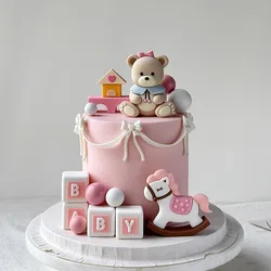 Pink Bear Cake Topper New 3D Trojan, Bear, Building Blocks for Baby Shower Decoration Kids Happy 1st Birthday Party Supplies