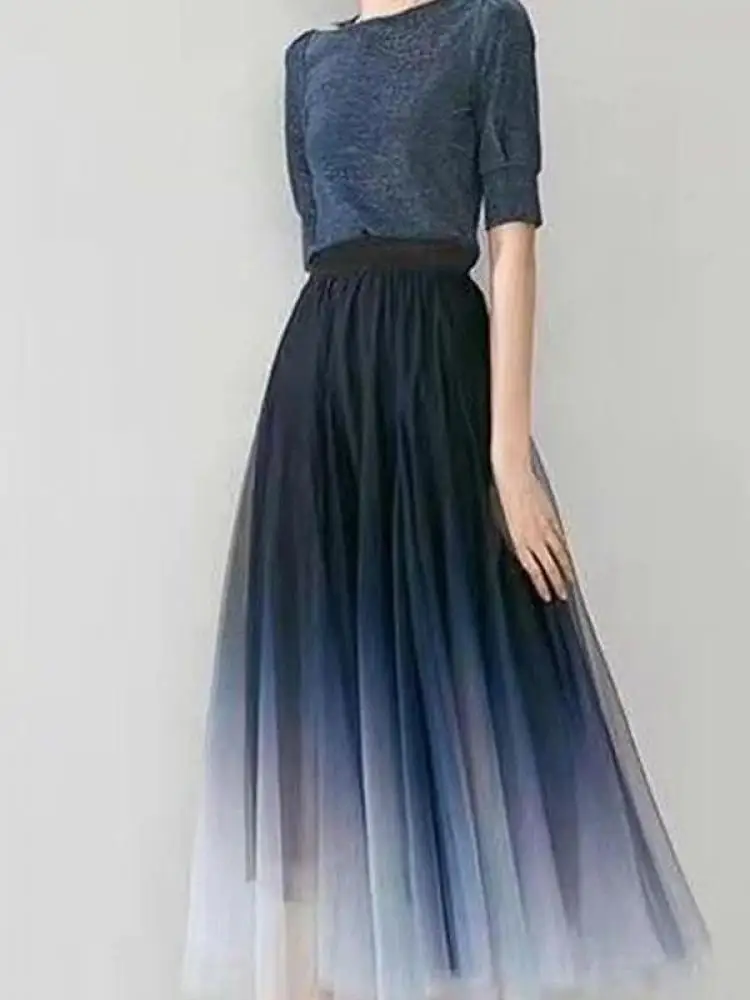 Frauen Hohe Taille Gradienten Mesh Plissee Midi Rock Elegante Tüll Röcke Koreanische Elastische Lose Beiläufige Alle Spiel EINE Linie Rock
