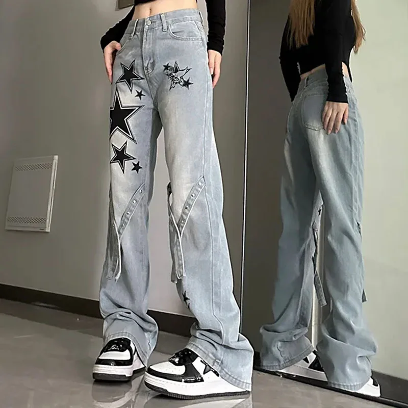 Y2k High Waist Baggy Flare Jeans Women Vintage Star Print Stretch Denim Pants Korean Design Streetwear Vaqueros New Kot Pantolon