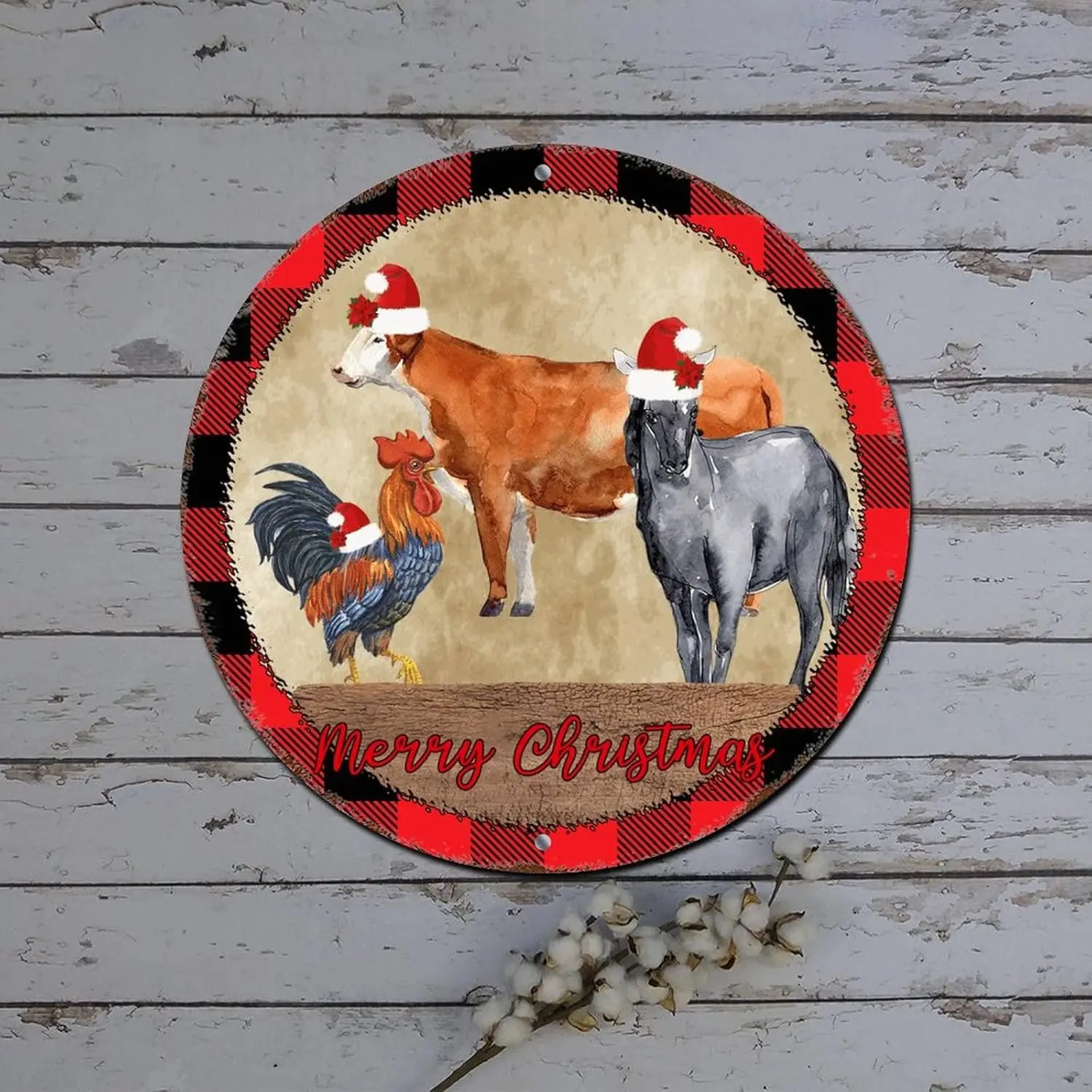 Metal Tin Christmas Signs Farm Animal with Santa Hat Buffalo Plaid Round Metal Tin Sign Christmas Hanging Decor Distressed Styli