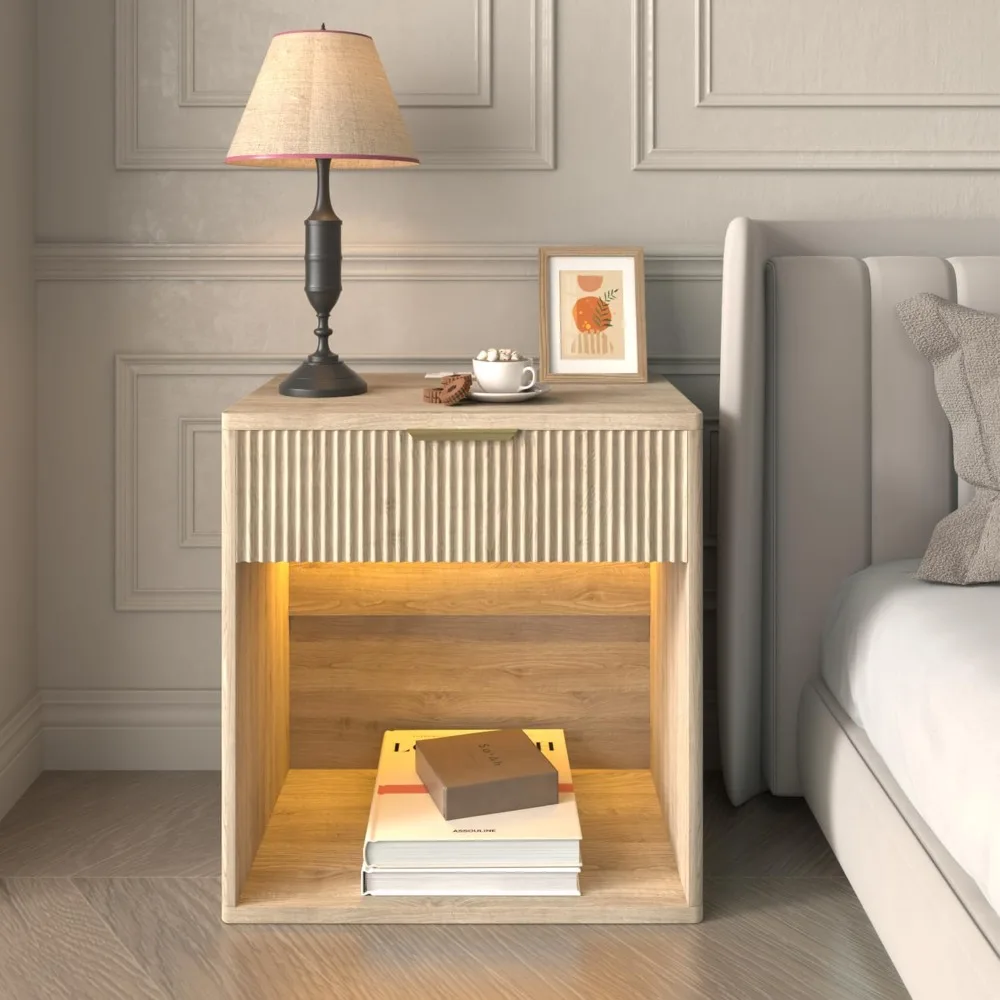 

Fluted Nightstand with Charging Station, 23” Wide Modern Bedside Table with Drawer,Mid Century Nightstand End Table for Bedroom