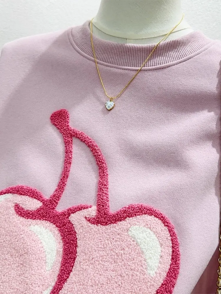 حجم كبير 300 Pou زهر الكرز المطرزة الوردي البلوز المرأة فضفاضة مستديرة Ne Overhead irt الربيع Faion