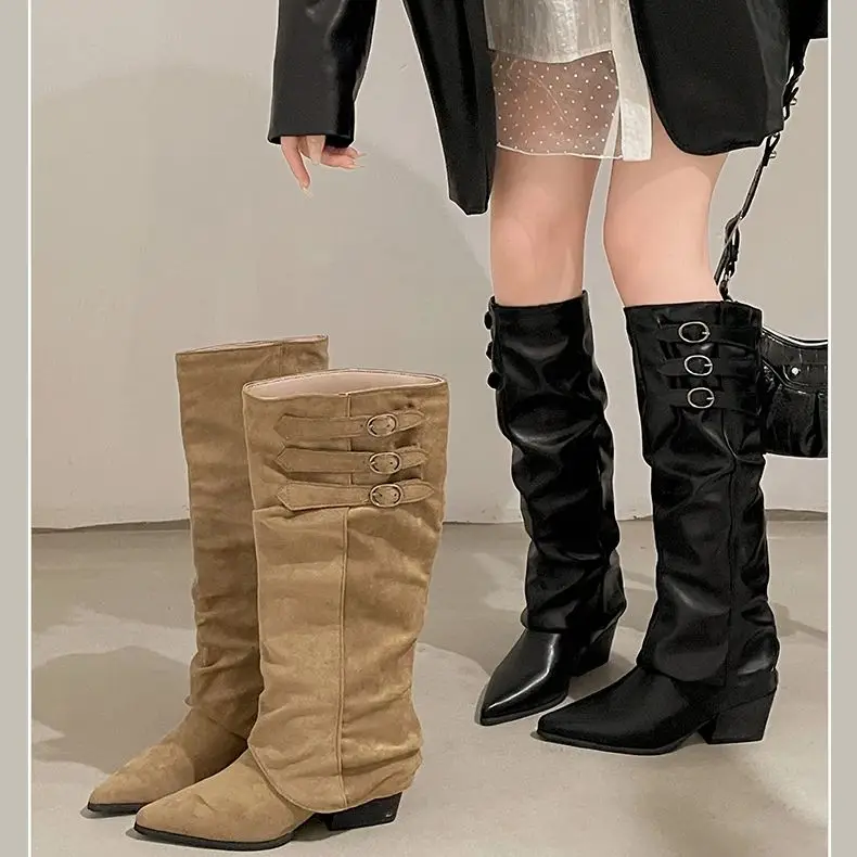 

Женские сапоги до колена, пикантные туфли на каблуке с острым носком, элегантные зимние трендовые новые модные ботинки челси, женские туфли-лодочки на массивном каблуке Mujer