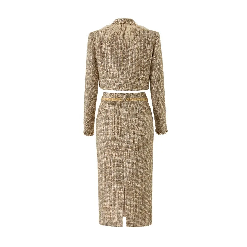 Women Beige Tweed Two Piece Set Feather Trim Rhinestone Cropped Jacket Midi Skirt Elegant Party Suit image 2